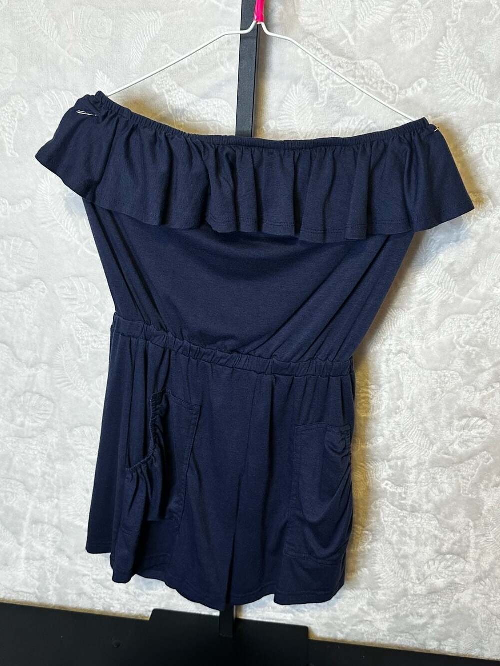 LEANI Navy Blue Off-the-Shoulder Ruffle Romper Size S